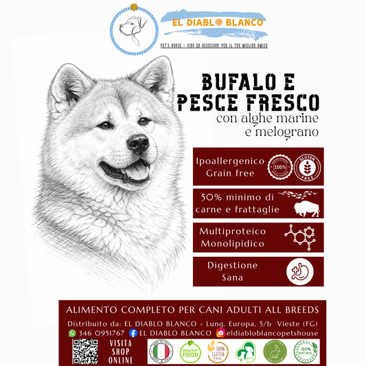 Cibo Naturale senza cereali Multiproteico al Bufalo e Pesce Fresco – con Carbo Mariano e Melograno🥩🐟🌿