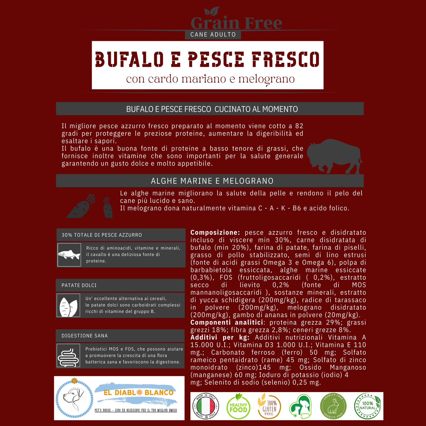 Cibo Naturale senza cereali Multiproteico al Bufalo e Pesce Fresco – con Carbo Mariano e Melograno🥩🐟🌿