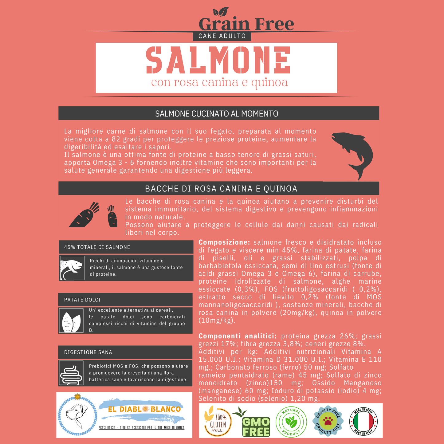GRAINFREE PER CANI ADULTI AL SALMONE CON ROSA CANINA E QUINOA