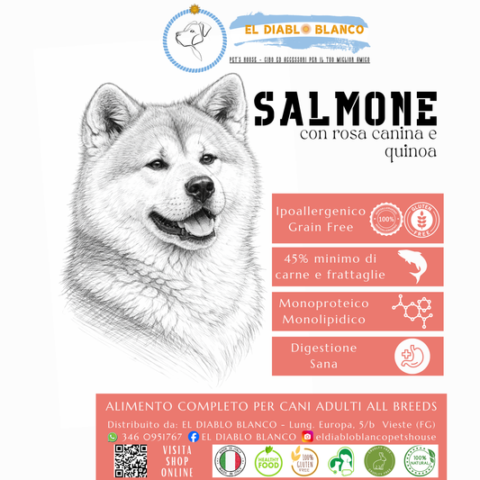Cibo Naturale Monoproteico al Salmone – Senza Cereali, con Rosa Canina e Quinoa 🌸