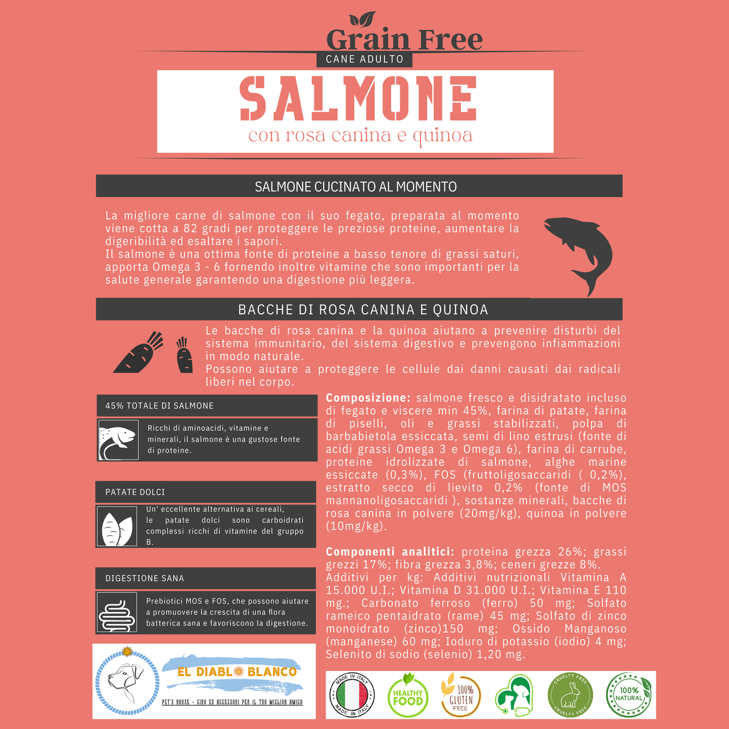 Cibo Naturale Monoproteico al Salmone – Senza Cereali, con Rosa Canina e Quinoa 🌸