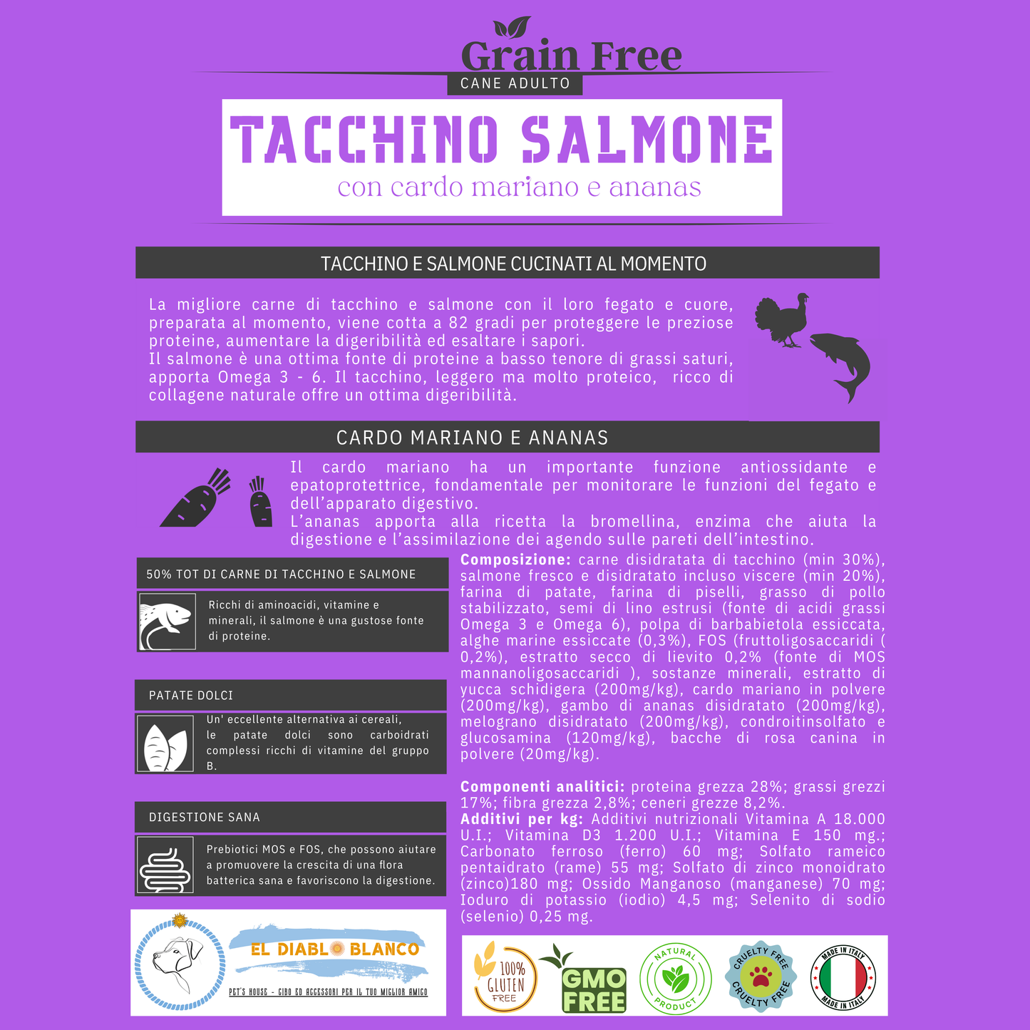 GRAINFREE PER CANI ADULTI SMALL TACCHINO E SALMONE CON CARDO MARIANO E ANANAS