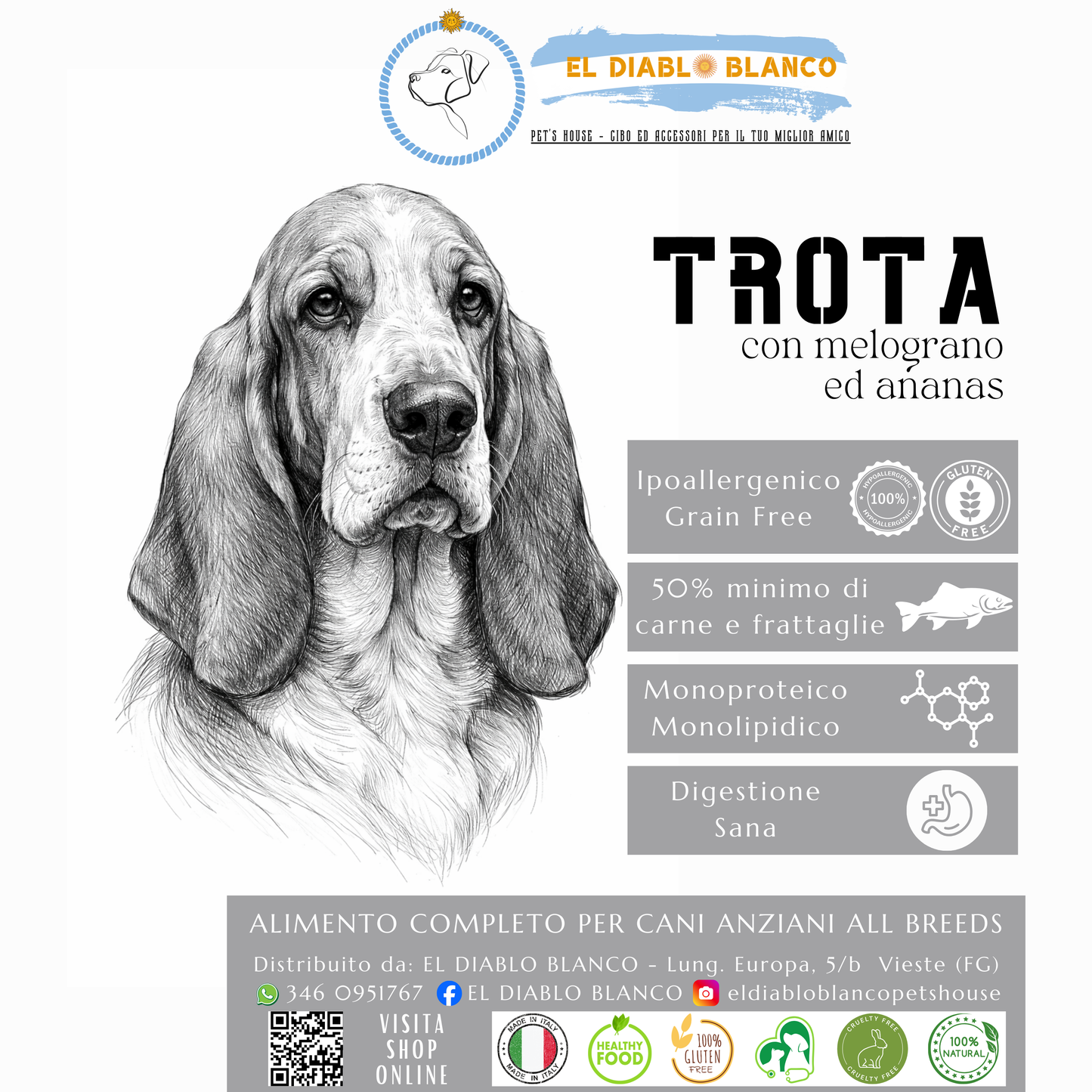 Cibo Naturale Monoproteico alla Trota – Senza Cereali, con Melograno e Ananas🍍 Senior