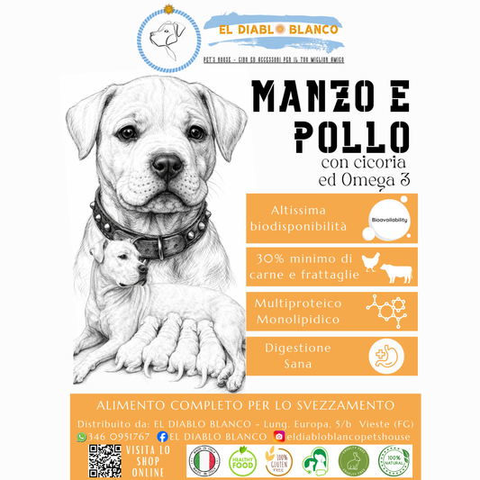 Cibo Naturale Svezzamento Multiproteico al Manzo e Pollo – con Cicoria e Omega3/6🥕🥦