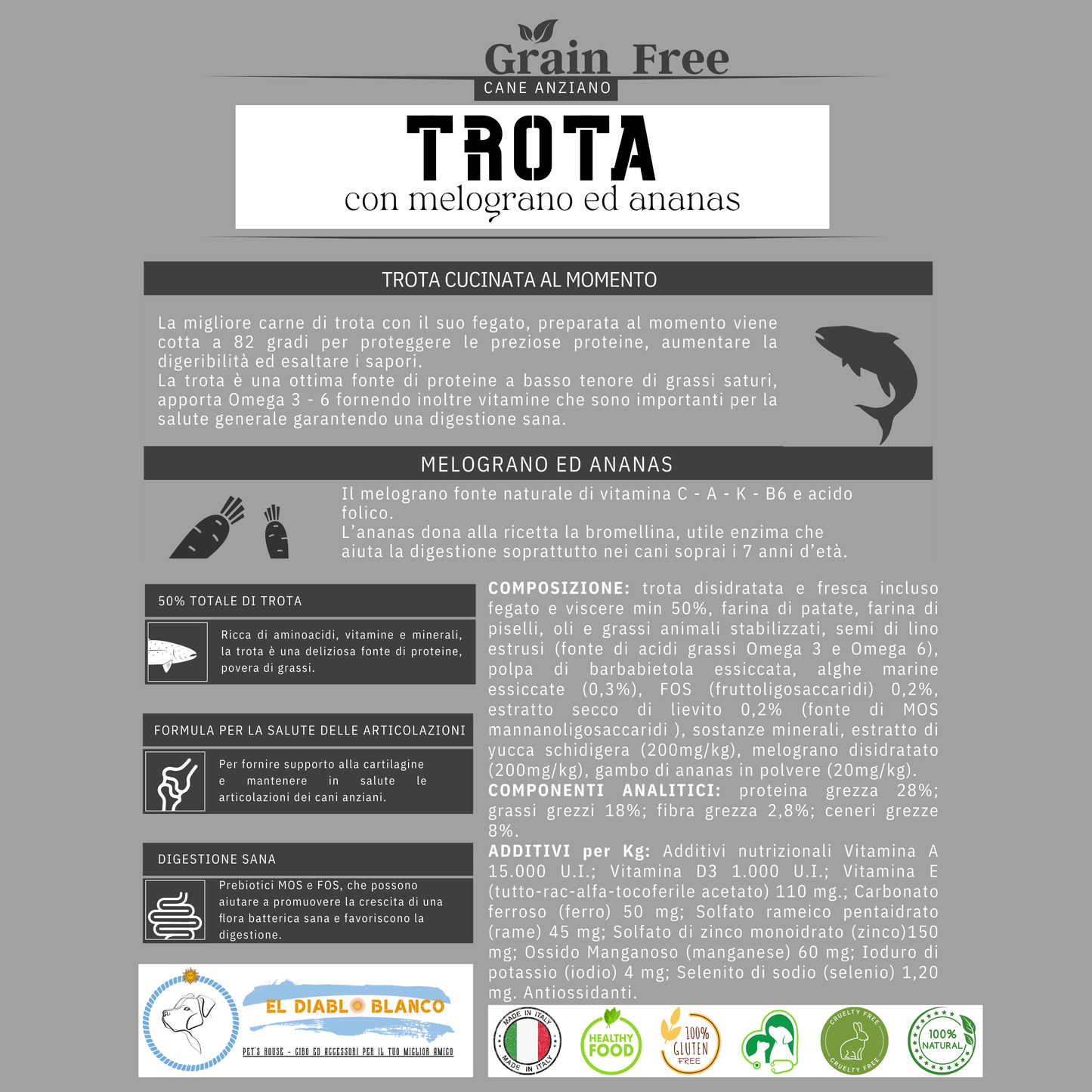 Cibo Naturale Monoproteico alla Trota – Senza Cereali, con Melograno e Ananas🍍 Senior