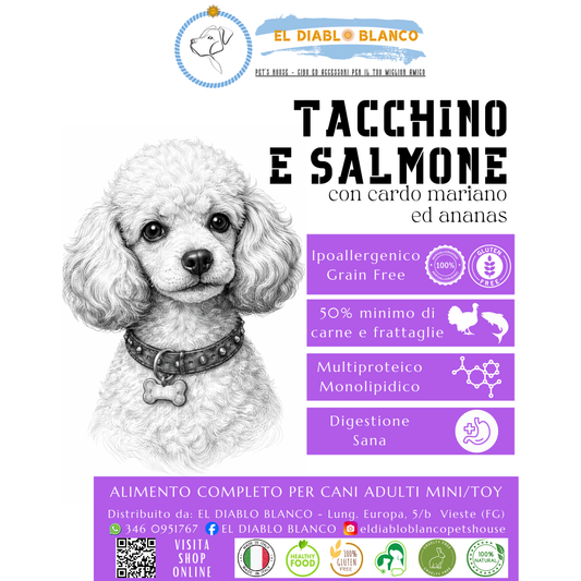 Cibo Naturale Multiproteico Tacchino e Salmone – con Cardo Mariano e Ananas