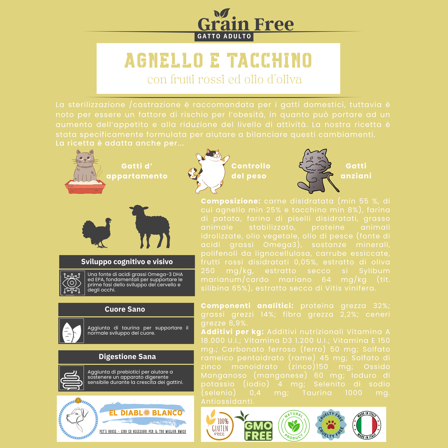 GRAINFREE GATTO STERILIZZATO AGNELLO E TACCHINO CON FRUTTI ROSSI ED OLIO D'OLIVA