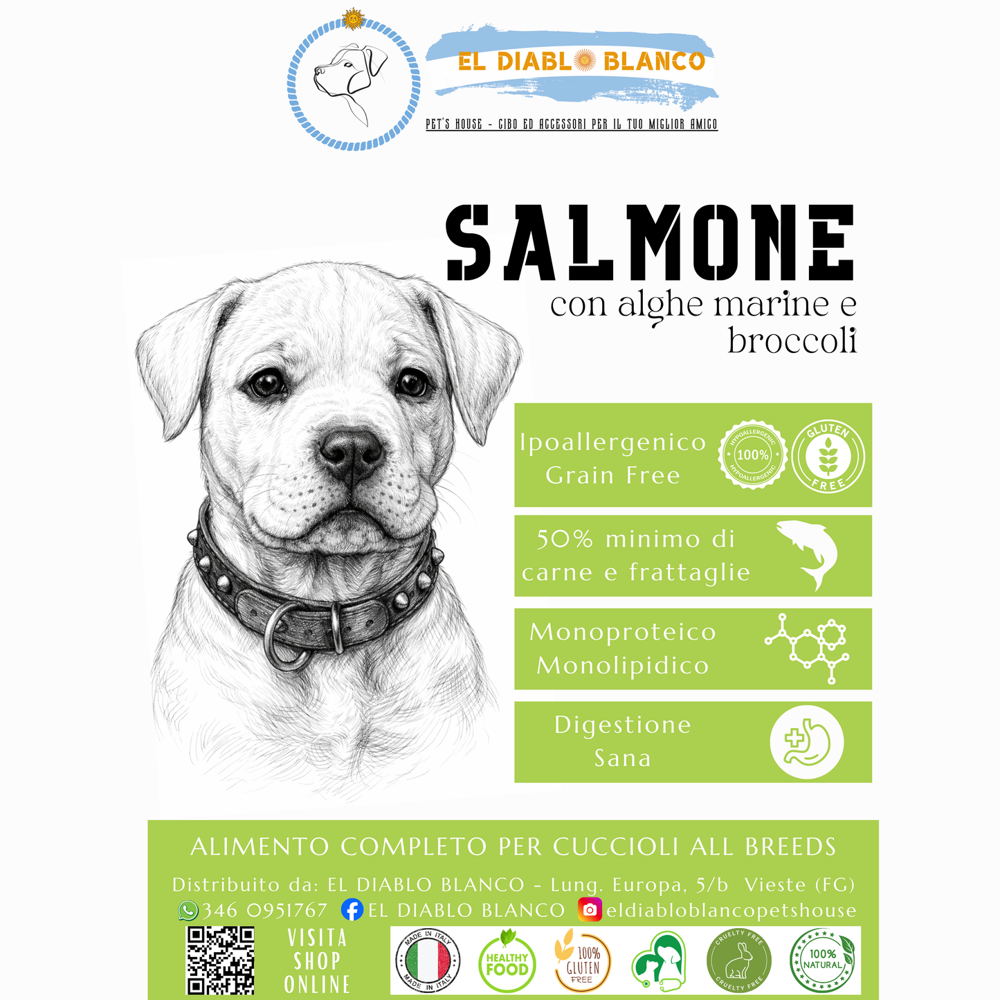 Cibo Naturale Puppy Monoproteico al Salmone – Senza Cereali, con Alghe Marine e Broccoli🐟🥦