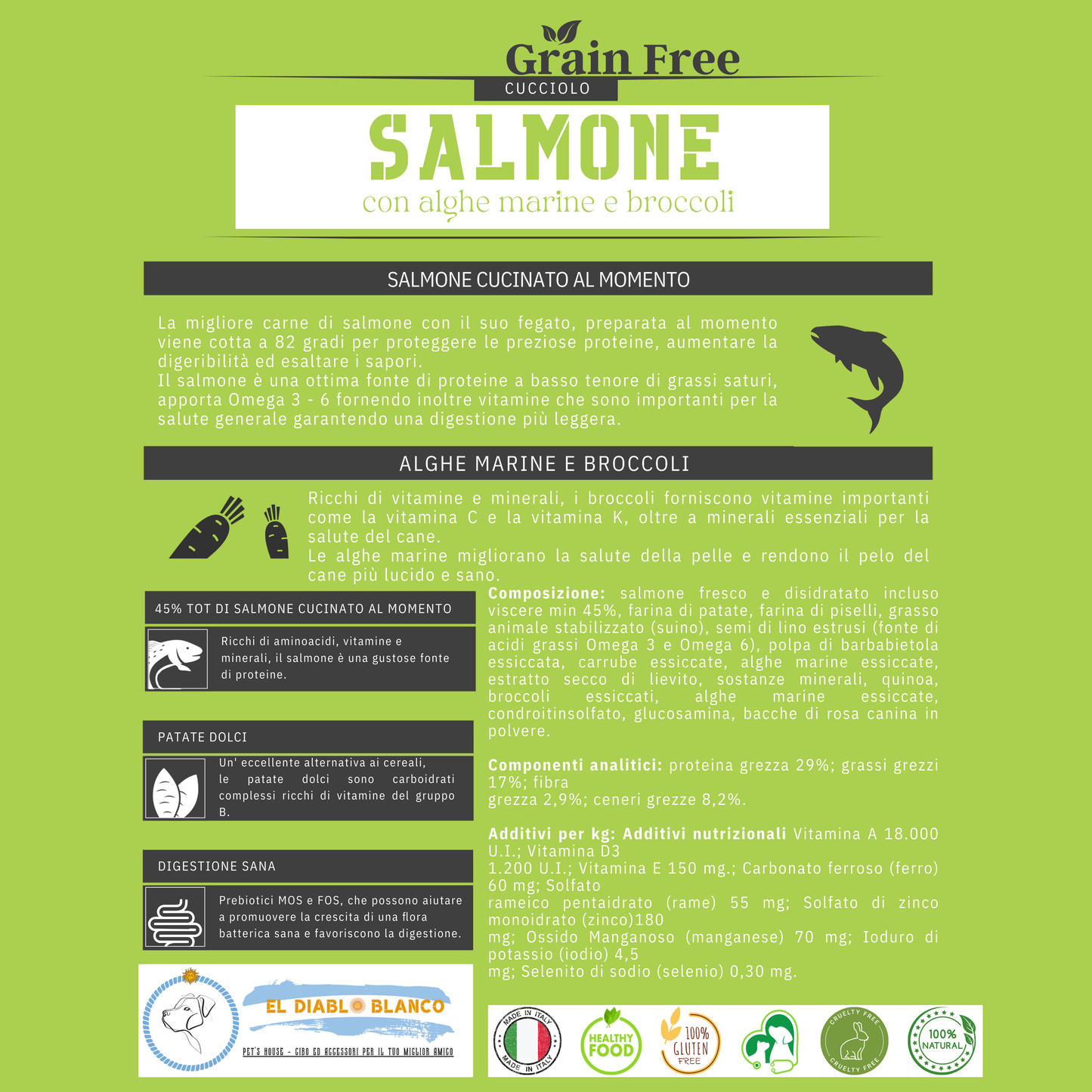 Cibo Naturale Puppy Monoproteico al Salmone – Senza Cereali, con Alghe Marine e Broccoli🐟🥦