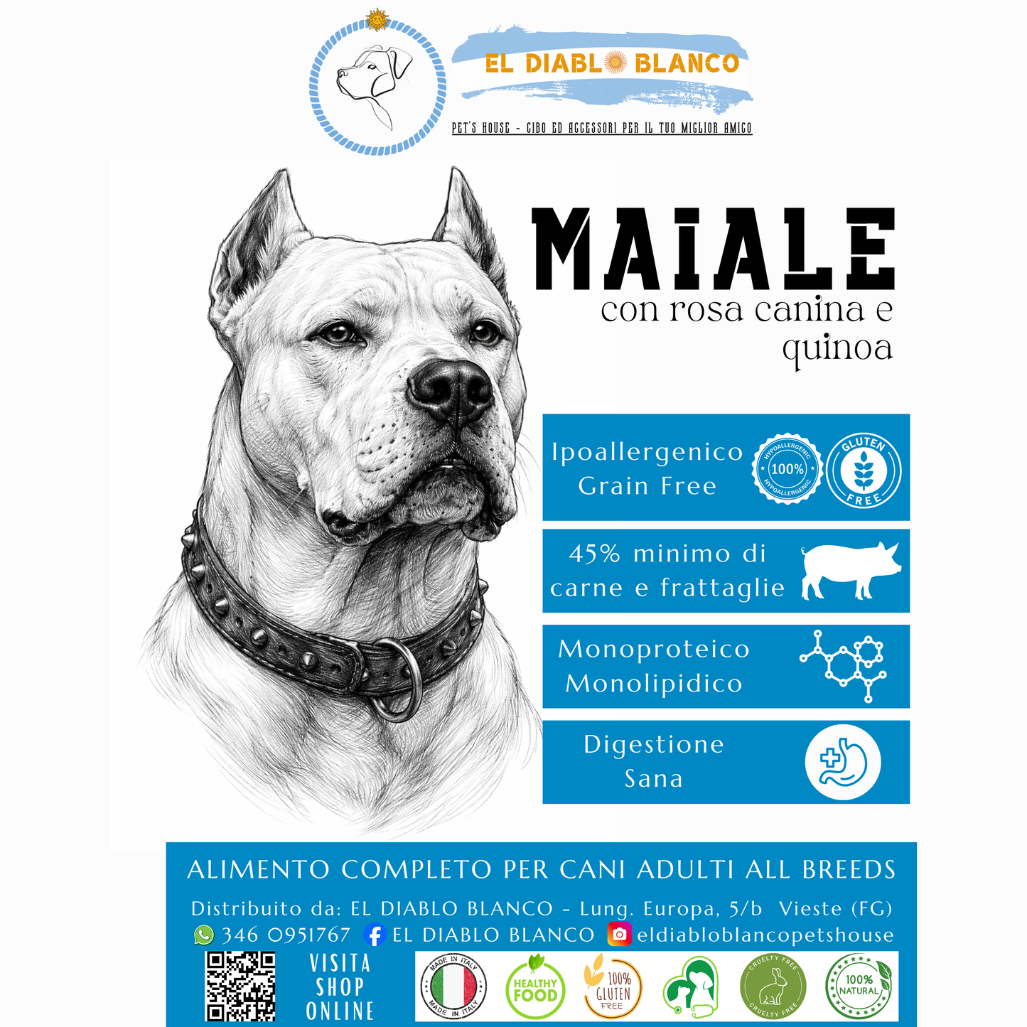 Cibo Naturale Monoproteico al Maiale – Senza Cereali, con Rosa Canina e Quinoa 🌸