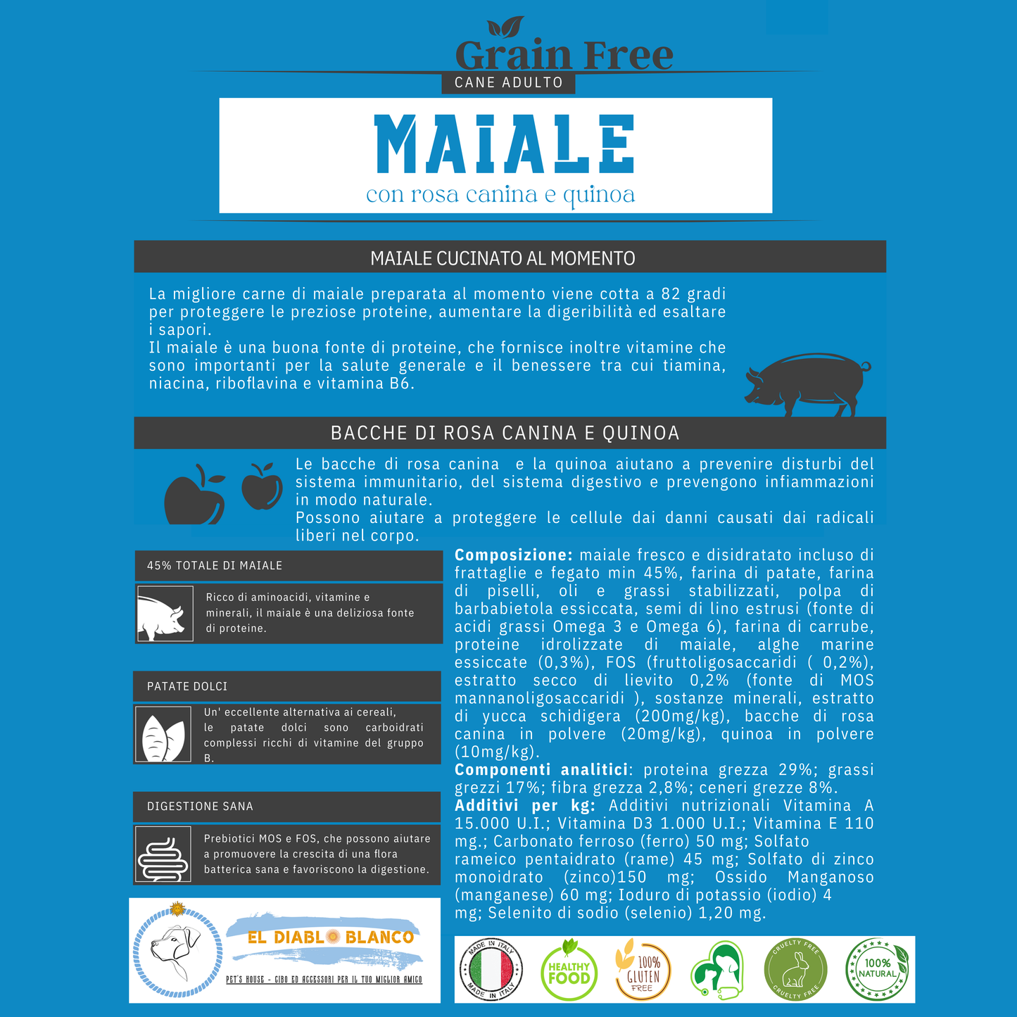 Cibo Naturale Monoproteico al Maiale – Senza Cereali, con Rosa Canina e Quinoa 🌸