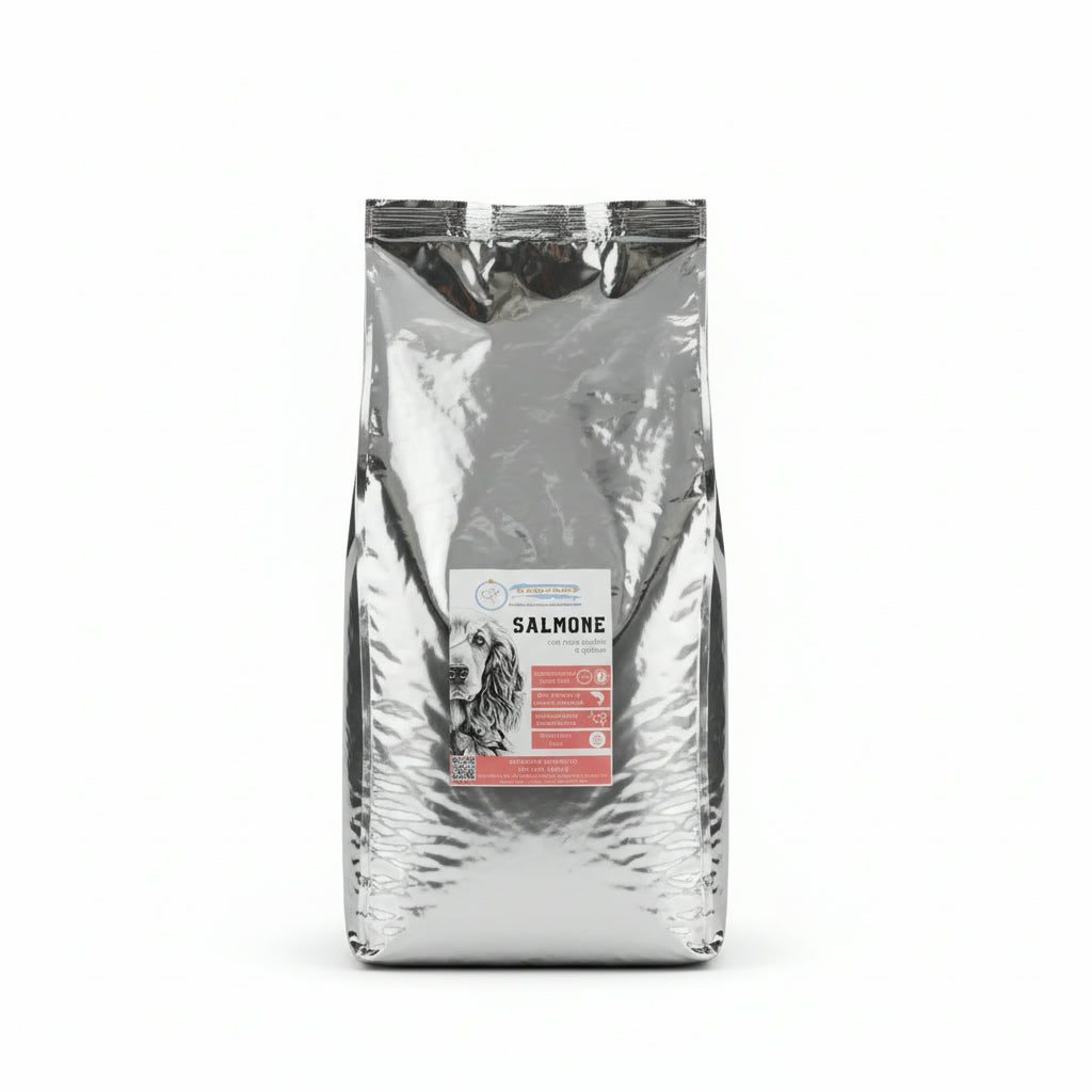 Cibo Naturale Monoproteico al Salmone – Senza Cereali, con Rosa Canina e Quinoa 🌸