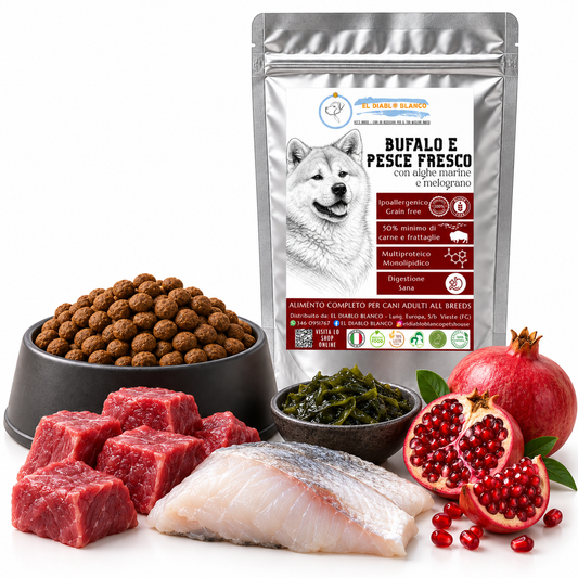 Cibo Naturale senza cereali Multiproteico al Bufalo e Pesce Fresco – con Carbo Mariano e Melograno🥩🐟🌿