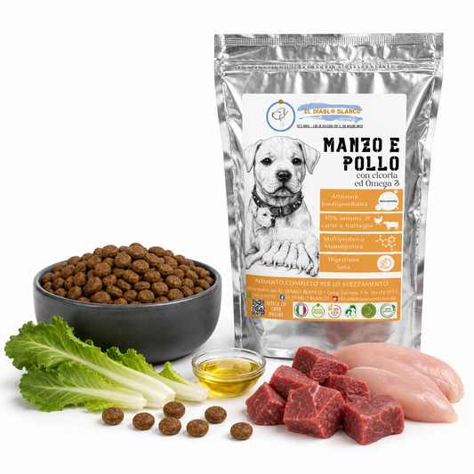 Cibo Naturale Svezzamento Multiproteico al Manzo e Pollo – con Cicoria e Omega3/6🥕🥦
