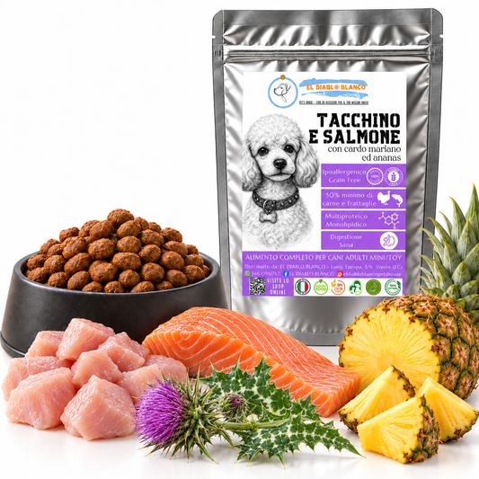 Cibo Naturale Multiproteico Tacchino e Salmone – con Cardo Mariano e Ananas