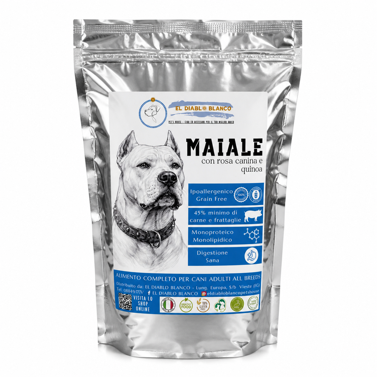 Cibo Naturale Monoproteico al Maiale – Senza Cereali, con Rosa Canina e Quinoa 🌸