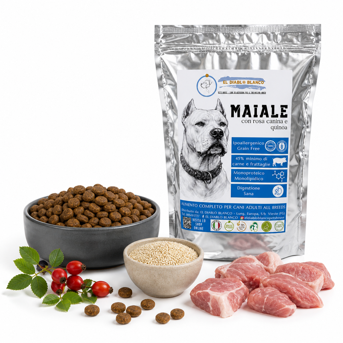 Cibo Naturale Monoproteico al Maiale – Senza Cereali, con Rosa Canina e Quinoa 🌸