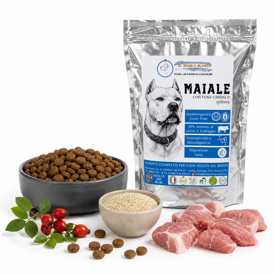 Cibo Naturale Monoproteico al Maiale – Senza Cereali, con Rosa Canina e Quinoa 🌸