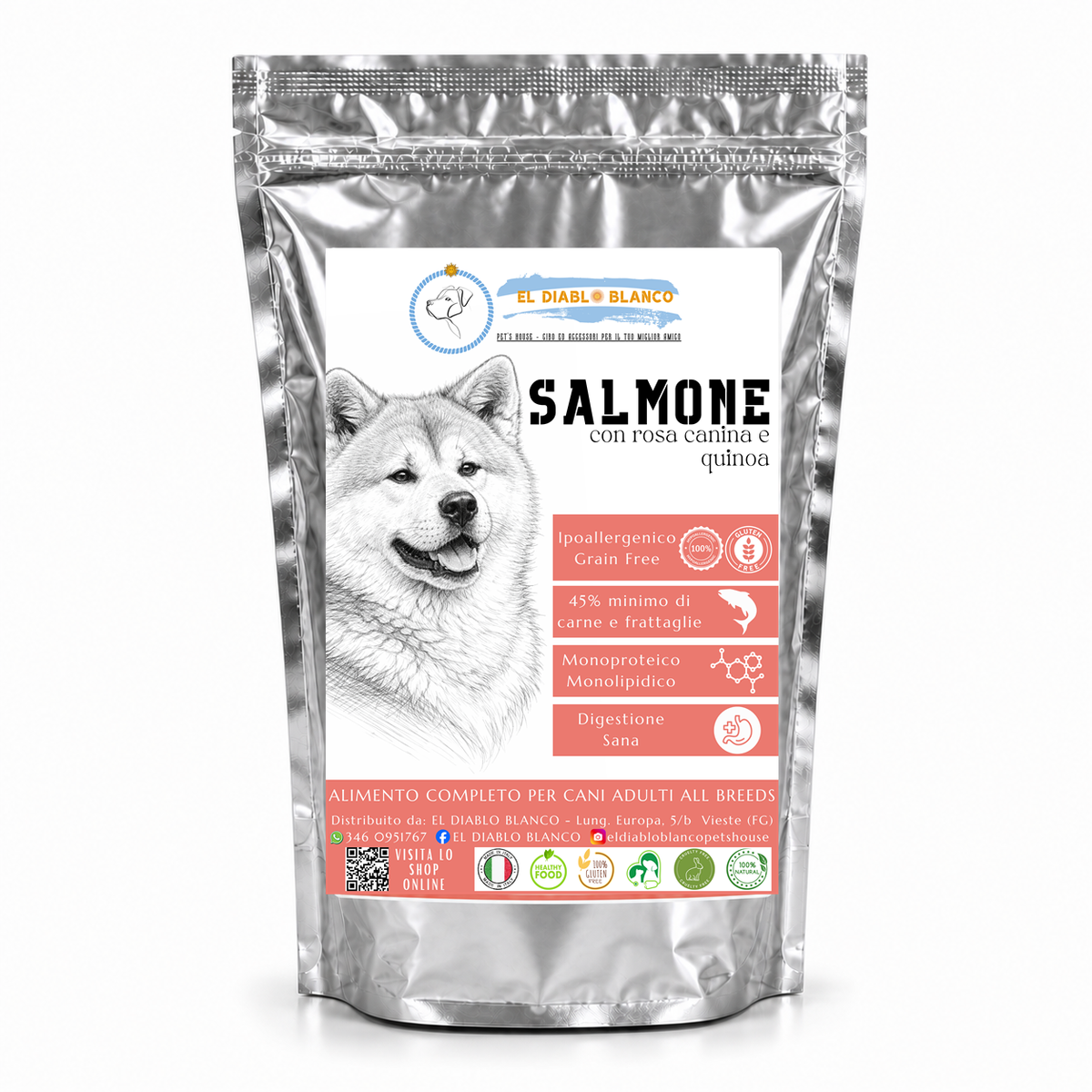 Cibo Naturale Monoproteico al Salmone – Senza Cereali, con Rosa Canina e Quinoa 🌸