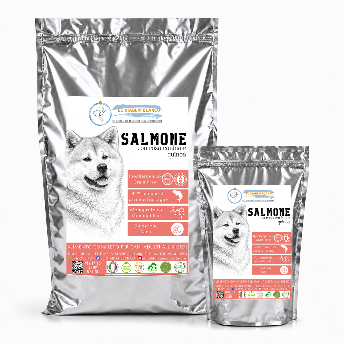 Cibo Naturale Monoproteico al Salmone – Senza Cereali, con Rosa Canina e Quinoa 🌸
